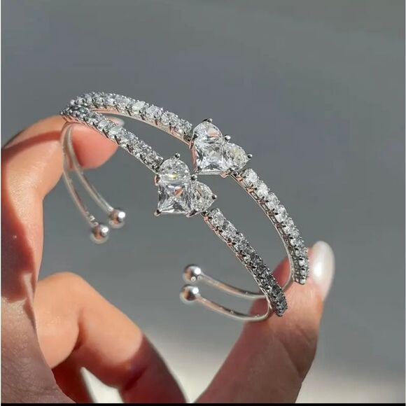 Silver Rhinestone Heart Bangle Bracelet - Picture 1 of 4